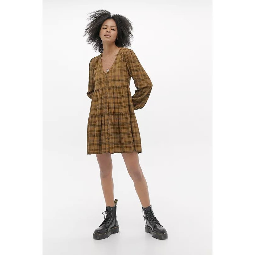 Urban Outfitters Women's Check Print Tiered Mini Dress Babydoll Brown Black S-P
